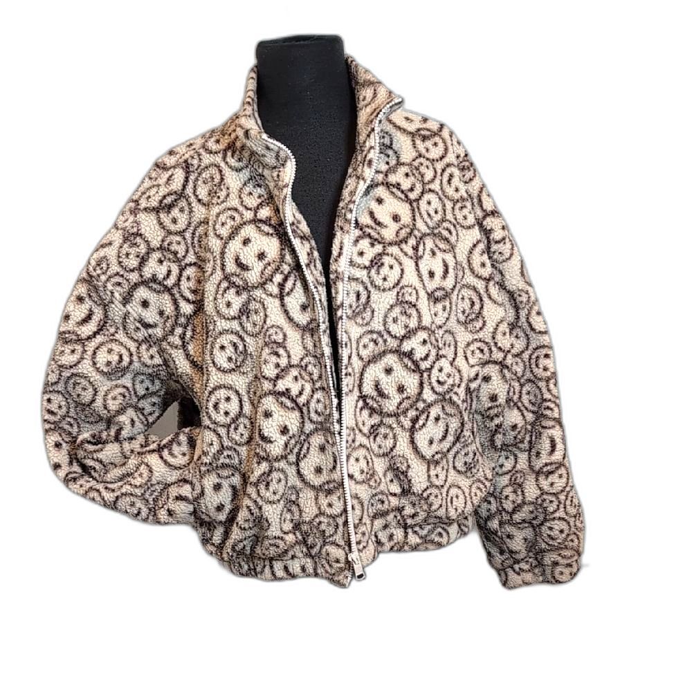 Zip Up Sherpa Cream and Maroon Smiley Face Teddy Jacket